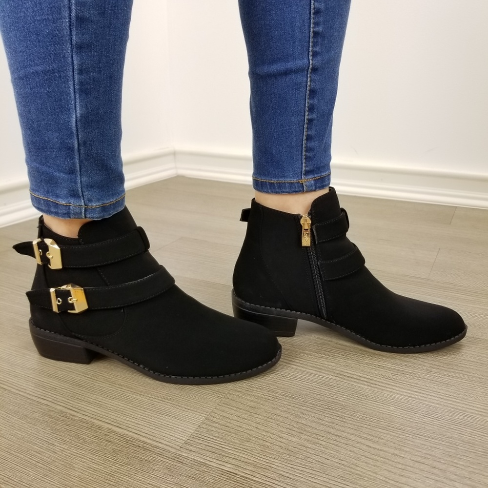 Black Vegan Nubuck Double Buckle Ankle Boots-FF - Picture 4 of 8